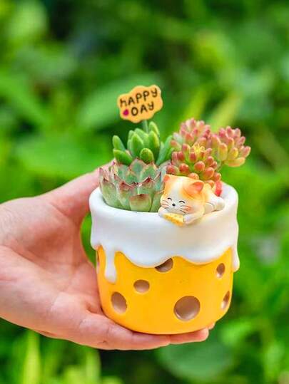 1PC Cute Cartoon Animal Resin Succulent Planter Set - Cake-Shaped Pots With Pig, Cat, Bunny & Dog Accents, Ideal For Small Succulents, Cacti & Mini Plants On Desks, Windowsills & Garden Shelves. Adds Playful Kawaii Vibes, A Whimsical Decor Accent.Planters,Flower Pot,Plant Pots ,Spring Decor,Home Decor,Vase