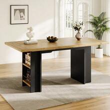 Telescopic Dining Table (120-160 X 80 Cm), Table With Shelves, Extendable Kitchen Table, Extends From 120 To 160 Cm Thanks To Internal Extensions, For Kitchen And Living Room, Wood Finish - Khaki - View 2