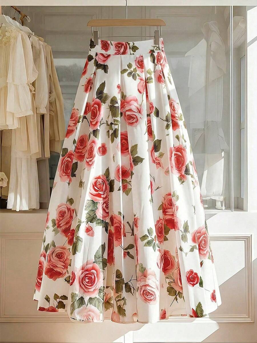 Chân váy xếp ly chữ A in hoa lớn lãng mạn, thanh lịch dành cho nữ, thích hợp cho công sở. - Nhiều màu - Xem 1