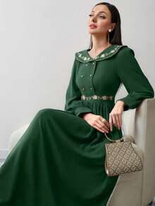 Đầm maxi dài tay cổ điển màu trơn phối nhiều mảnh dành cho nữ mùa xuân/hè, thích hợp cho đám cưới, kỳ nghỉ, tiệc tùng, tiệc tối trang trọng, hẹn hò, thắt eo, cúc ngọc trai, thêu hoa, tay phồng, đầm maxi dài màu xanh lá cây mùa xuân/hè. - Màu xanh lá cây đậm - Xem 11