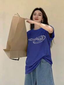 Kaos Wanita Longgar dengan Motif Huruf Rhinestone dan Bahu Jatuh, Kasual Musim Panas - Navy Blue - View 5