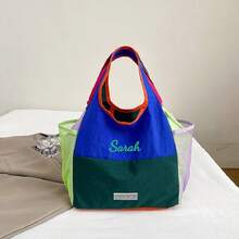 Personalized Color Block Large Capacity Tote Bag, With Side Pockets, Lightweight & Fashionable Women's Handbag, Casual Daily Travel Shoulder Bag, Multi-Color Shopping Tote, Portable Leisure Travel Bag, Patchwork Design - Multicolor - View 7