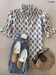 Women's Fashion Casual Shirt, Holiday Inspired Multi-Color Blue Ditsy Floral, Lace Trim Collar & Cuffs, Ruffle Decor, Single-Breasted Front, Short Loose Sleeve, Spring/Summer - Blue and White - View 1