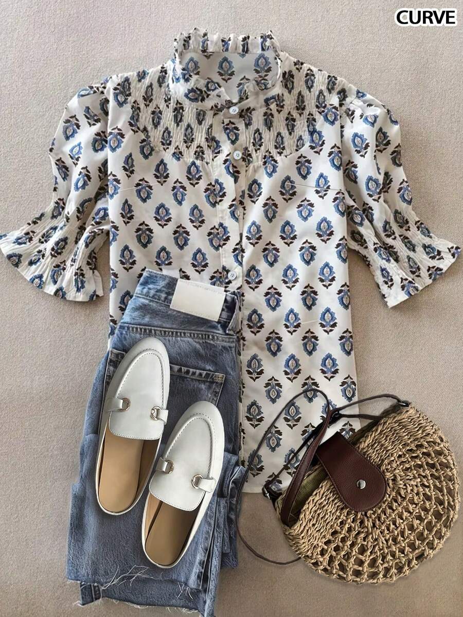 Women's Fashion Casual Shirt, Holiday Inspired Multi-Color Blue Ditsy Floral, Lace Trim Collar & Cuffs, Ruffle Decor, Single-Breasted Front, Short Loose Sleeve, Spring/Summer - Blue and White - View 1