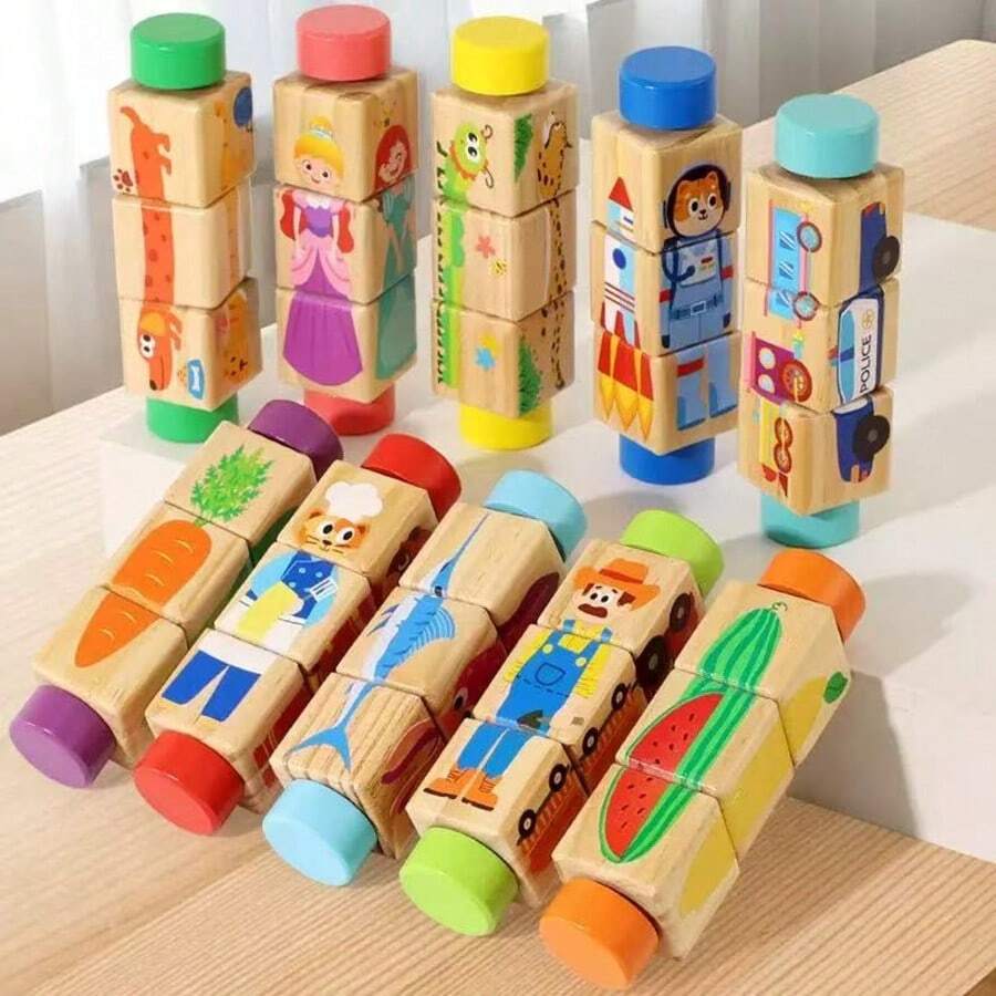 Infant & Toddler Wooden Rotating Block Puzzle - 3D Rotating Matching Educational Toy, Develops Fine Motor Skills, Animal / Fruit / Cartoon Character Themes, Montessori Early Learning Teaching Aid - Multicolor - View 1