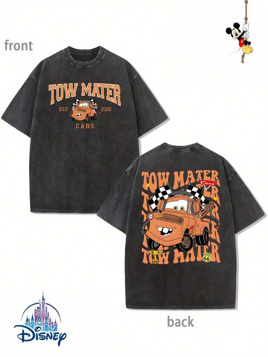 1 New Disney Cotton Washed T-Shirt, Disney Racing Story Die Tow Mater Printing, Round Neck Leisure And Comfortable Cotton Washed T-Shirt, Suitable For Sports And Daily Wear, A Good Choice For Gifts, A Must For Parties, High-Quality Clothing, Suitable For Gifts - 黑色 - 查看 1