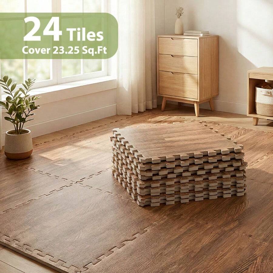 24 Pcs Of Wood-Grain Floor Tiles Foam Pad EVA Interlocking Pad Floor Tiles 2/5 Inch Thick For Home Game Room, Basement, Apartment, Trade Show, Baby Products, Dance Wooden Puzzle Practice Pad (With Frame) - 24 pcs - 查看 1