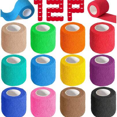 Bộ 12 cuộn băng co giãn tự dính, kích thước 2" x 5 yard, băng thể thao nhiều màu sắc, băng thú y và băng mắt cá chân.