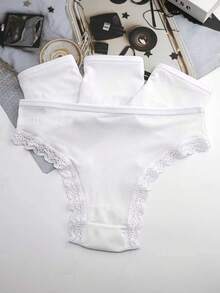 4pcs Women's Lace Trim Soft Ribbed Cotton Panties - White - View 4