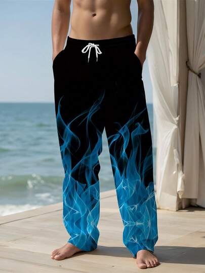 Quần dài nam mùa hè cạp chun có dây rút kiểu Hawaii, quần casual năng động ngoài trời in hình ngọn lửa xanh 3D kỹ thuật số, quần đi biển có dây rút.