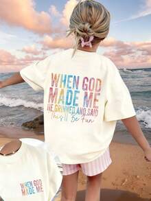 这款少女T恤印有“上帝创造我时，他微笑着说，这会很有趣”的趣味标语，面料柔软舒适，适合女孩户外运动、日常穿着、街头风、校园风等各种场合，是春夏时尚休闲的理想之选。 - 杏色 - 查看 1