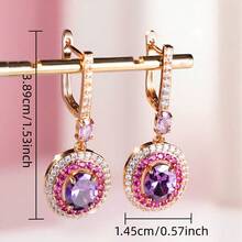 Vanel 1 Pair Elegant Rose Gold Round Purple Cubic Zirconia Earrings, Double-Hoop Pink And White CZ Pendant Earrings, Fashionable Luxury Jewelry For Daily Wear And Parties - Golden Yellow-multicolor - View 5