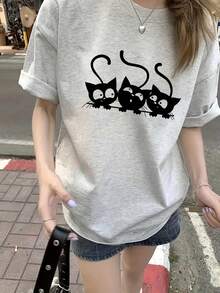 日系女式夏季宽松圆领休闲百搭字母卡通猫印花短袖T恤 - 淺花灰 - 查看 2