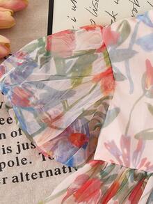 Vestido de princesa con mangas de pétalos florales franceses, vestido de fiesta de malla de manga corta para niñas en verano, conjunto de regalo de cumpleaños para niñas jóvenes - Rosa - Ver 4