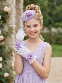 2pcs/Set Purple Tulle Rhinestone Bow Fascinator Hat + Bow Gloves For Girls & Teens, Wedding Photography Props, Party Photobooth Accessories, Wedding Decor - Purple - View 8