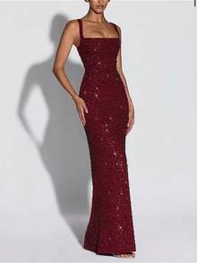 Elegant And Fashionable Women's Clothing With A Socialite Style, Slim Fit, Hip Hugging, Imitation Handmade Iridescent Sequin Suspender Dress For Women - Màu đỏ sẫm - Xem 2