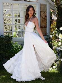 Women's Elegant Dress With Floral Print, Fitted And Wide Hem, Beach-Style Halter Top Long Dress - trắng - Xem 1
