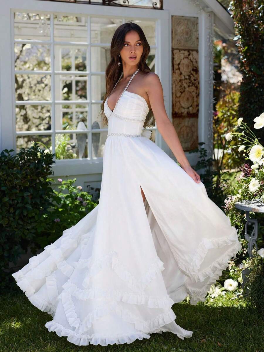 Women's Elegant Dress With Floral Print, Fitted And Wide Hem, Beach-Style Halter Top Long Dress - trắng - Xem 1