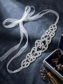 1 bộ băng đô và thắt lưng cưới đính đá lấp lánh, thiết kế khoét rỗng tinh tế với ruy băng organza. - Bạc - Xem 6