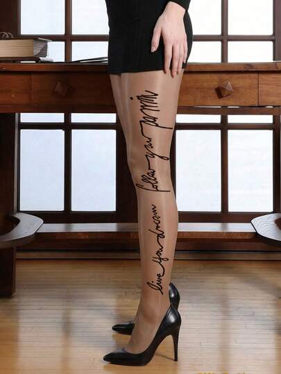 1 Pair Handwritten Text Printed Tights, High Stretch Personalized Pantyhose, Niche Design Outfit