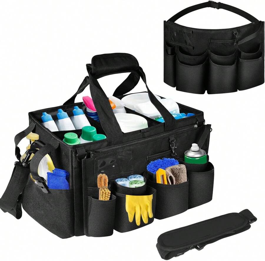 Cleaning Tool Storage Bag - Large Capacity, Detachable Apron, Hand & Shoulder Carry - For Car And Professional Cleaning - Black - View 1