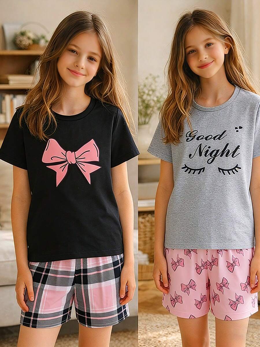 4 Stücke Mädchen elegantes & lässiges Pyjama Set, inklusive Schleifenprint Trägerhemd und rosa Shorts, geeignet für Feiertage, Valentinstag und den täglichen Gebrauch, ideale Sommerhomewear für Kinder und Mädchen, auch ein tolles Geschenk für Tween-Mädchen - Verschiedenfarbig - Übersicht 1