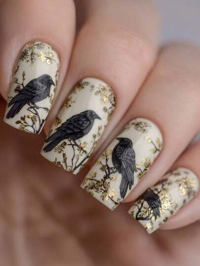 24pcs Gold-Plated Magpie Shaped False Nails, Pressed Style Fake Nails, Nail Art Supplies, Square Nails, Y2K Style Nail Art