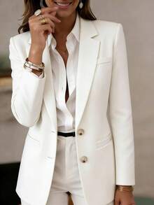女士轻薄梭织面料西装外套，翻领长袖，适合办公或休闲场合穿着，白色，春季款 - 白色 - 查看 1