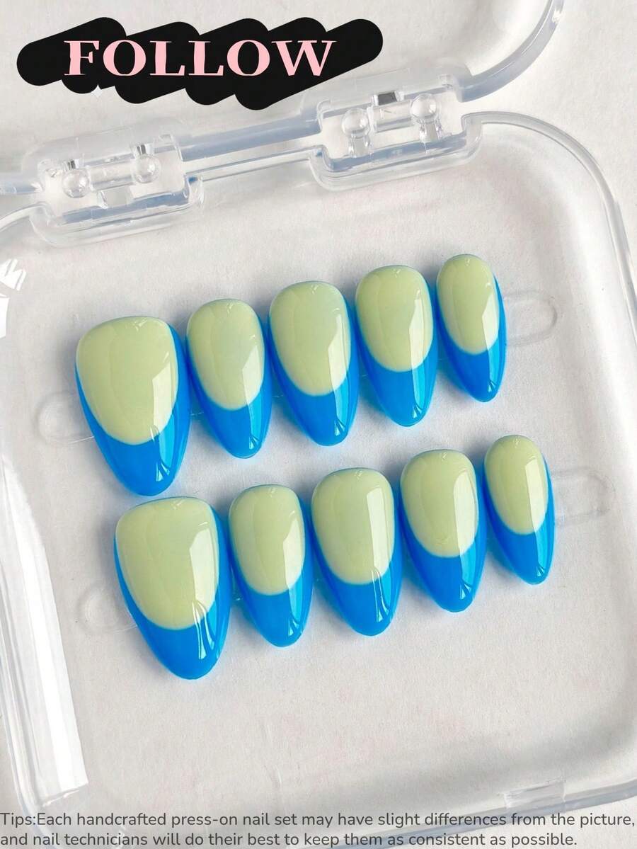 10 Stück handgemachte Acryl Nagel Aufkleber, kurze mandelförmige Nägel, blau & grün Farben, INS Stil französische Spitzen, handbemalte süße Nägel, erschwingliches Nagel-Kunst-Zubehör, wiederverwendbarer Nagel Aufkleber Set mit Werkzeugen, geeignet für Sommer, Frühling, Alltag, Party, Büro, Geschenk