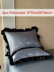 2pcs Blue Bow Jacquard Washed Faux Silk Pillowcase With Ruffle Edges, Minimalist Luxurious Style Polyester Decorative Throw Pillow Cover, Suitable For All Seasons, Modern Decor Cushion Cover, Machine Washable, Durable, Without Filling - Blue - View 11