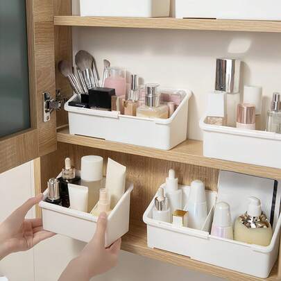 Hộp đựng đồ trang điểm phòng tắm có thể điều chỉnh độ dài, thích hợp để đựng mỹ phẩm, nước hoa, đồ dùng vệ sinh cá nhân, hộp nhựa đa chức năng, có thể dùng cho tủ đựng đồ, ngăn kéo bàn làm việc, màu trắng.