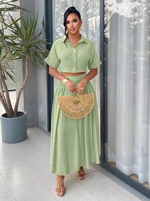 AIJ Amarilo 女士休闲时尚两件套，包括衬衫领露脐上衣和褶皱飘逸长裙，适合日常穿着或夏季度假。 - 豆綠色 - 查看 5