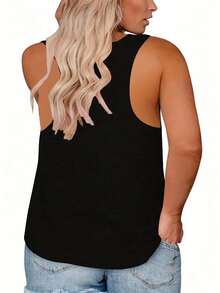 1 Pcs Plus Size Casual Tank Top, Women's Plus Letter Print Crew Neck Medium Stretch Tank Top - Black - View 3