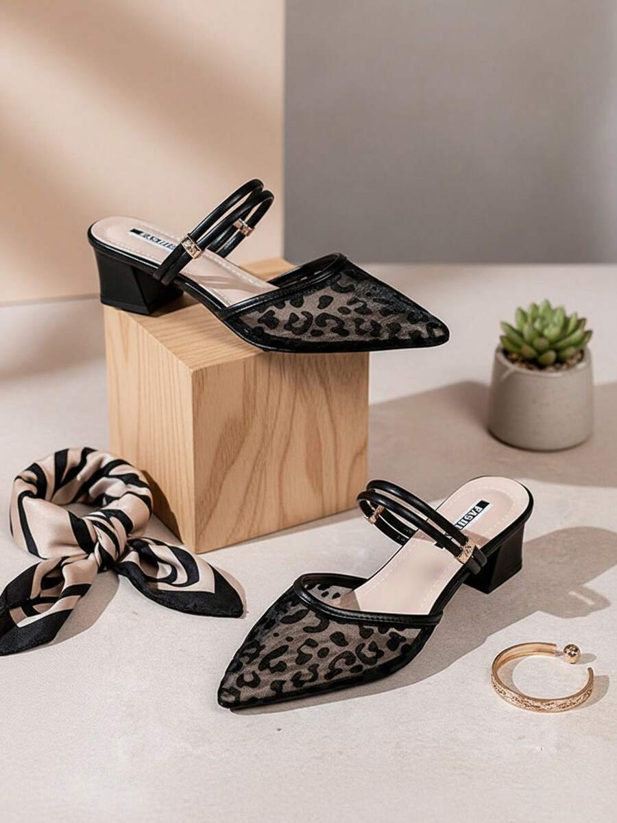 夏季新款黑色网眼波点设计可爱时尚儿童凉鞋，波西米亚尖头粗跟女童高跟凉鞋，套脚橡胶防滑底儿童高跟鞋，大童舞蹈高跟鞋，大学生户外沙滩度假百搭凉鞋 - 黑色 - 查看 1