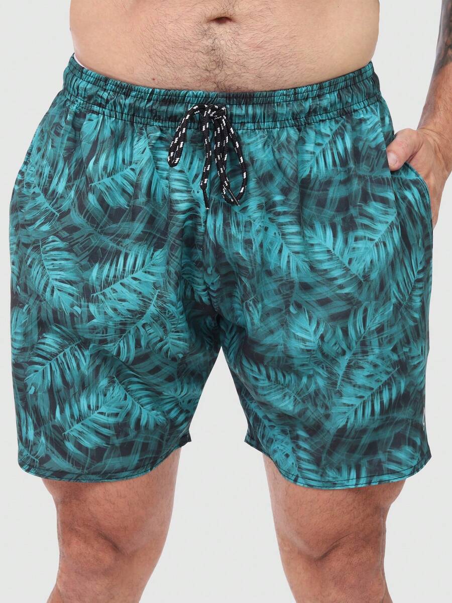 Men's Basic Blue Foliage Shorts In Tactel Fabric With Pockets And Drawstring - Ideal For Beach, Training, And Running. - Green Foliage - View 1