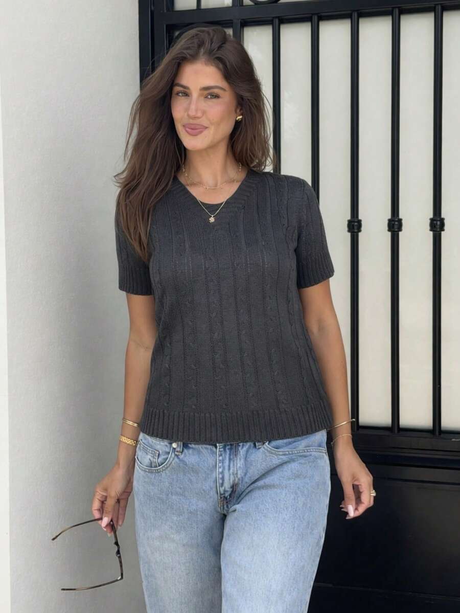 Women's Short Sleeve T-Shirt Blouse Knit Modal Mesh Basic Braid Wefts 38 To 44 V-Neck - màu đen - Xem 1