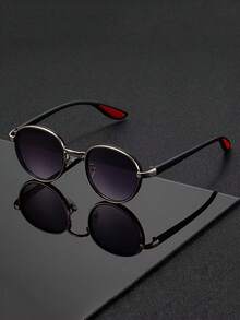 Personalized Contrast Color Temple Detail Round Frame Glasses, Unisex, Party And Photo Shooting Essential, Classic Color Scheme Versatile, Fashionable And Stylish Decorative Glasses - Multicolor - View 2