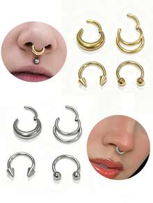 3-8件/套 16G不锈钢鼻环、马蹄形鼻钉、耳环、眉环、唇环、耳骨环、耳垂环，6-12毫米 - 3個時尚隔膜鼻環 - 查看 9