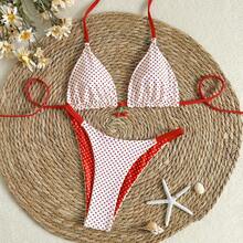 Women's Reversible Polka Dot Printed Bikini 2 Pieces Set, Fashionable Elegant Sexy Summer Beach Pool Party Swimwear Vacation - Red and White - View 4