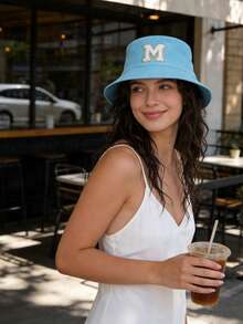 Mũ tai bèo nữ in chữ cái A-Z cá nhân hóa, mũ chống nắng, mũ ngư dân, mũ đi biển mùa hè thường ngày, phong cách đường phố thời trang, có thể gấp gọn, phù hợp để đội hàng ngày. - Màu xanh da trời - Xem 3