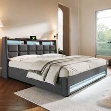 (=AB20122930G) Upholstered Bed With USB Port 180x200cm, Double Bed With LED Lighting, Metal Slatted Base, Linen Bed Frame, Children's Bed (Mattress Not Included) - Grey - View 2
