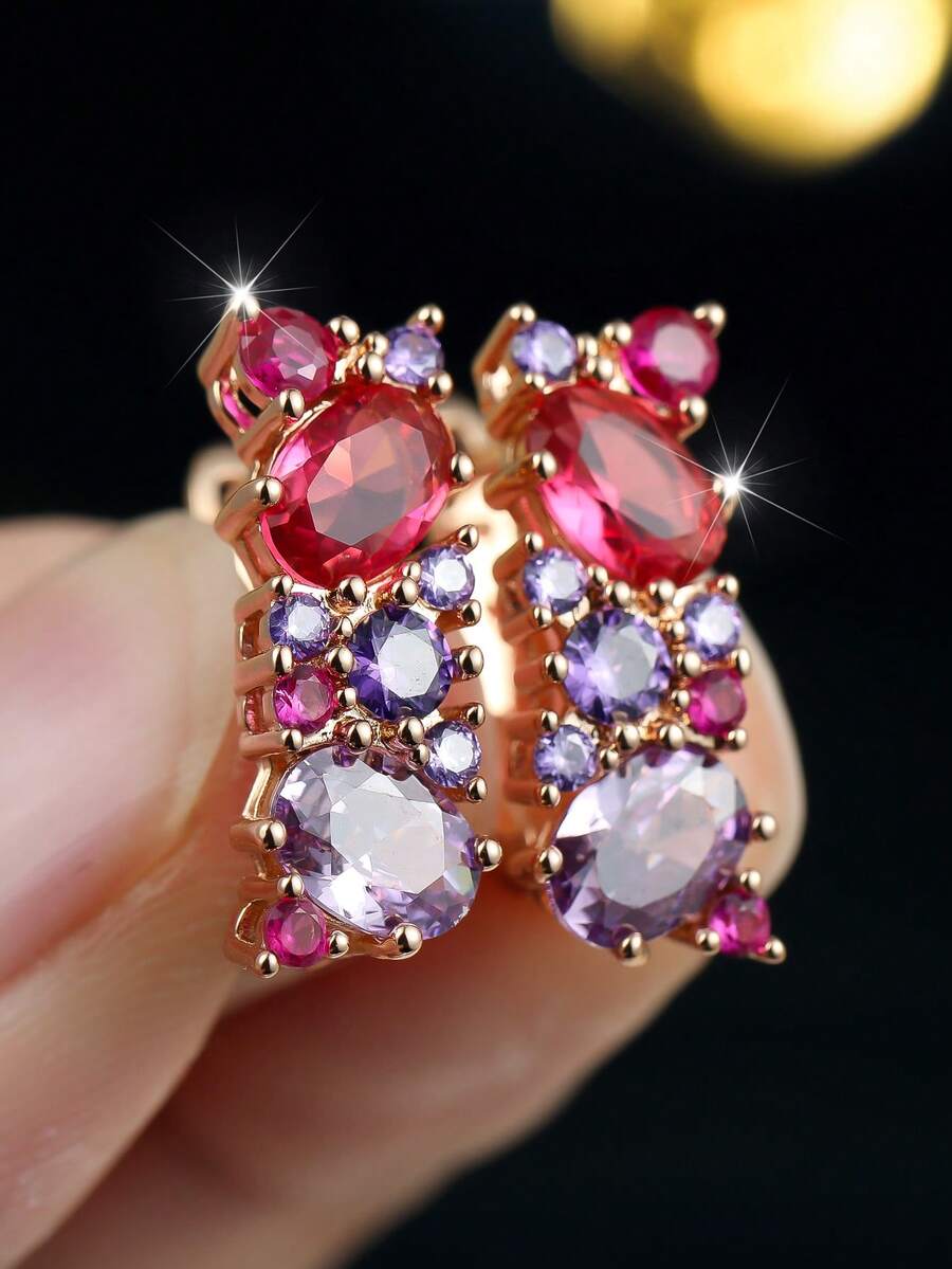 Vanel 1 Pair Rose Gold Multicolor Purple Cubic Zirconia Earrings, Ombre CZ Dangle Earrings, Fashion Jewelry For Daily Wear And Party - Golden Yellow-multicolor - View 1