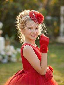 2pcs/Set Red Tulle Rhinestone Bow Fascinator Hat + Bow Gloves For Girls & Teens, Wedding Photography Props, Party Photobooth Accessories, Wedding Decor - Red - View 3