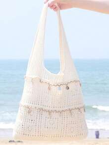 女士手提包，大容量可折叠镂空针织包，是夏季休闲度假、海滩旅行和浪漫假期的理想之选 - A - 查看 8