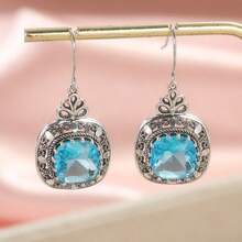 Luxury Retro Blue Square Pendant Earrings, Inlaid With Artificial Crystals, Delicate Handcrafted Linear Texture, Suitable For Daily And Occasions, Surprise Gift For Women - Silver - View 5