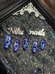 10pcs Almond Nail Acrylic Kit, Royal Blue Nails, Royal Blue Tie Dye, Hand Drawn Blue Rotating Asymmetric Wave Texture, Smooth Lines With A Sense Of Blending, With A Casual Cool Feeling, 3D Silver Beads&Eight Pointed Stars And Other Nail Accessories, Echoing The Night Sky&Starlight Theme, The Overall Style Tends To Be Cyberpunk Style, With Cool Tones - Royal Blue - View 7