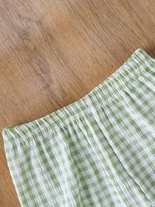 2pcs/Set Baby Girls' Green & White Plaid Shorts Set, Asymmetric Ruffle Hem Sleeveless Top Paired With Matching Plaid Shorts, Casual Or Vacation Wear, Suitable For Outdoor - Mint Green - View 3