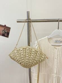 1件新款女士草编斜挎包，沙滩手提包，带链条肩带，时尚休闲度假贝壳包，拉链封口 - 米色 - 查看 7