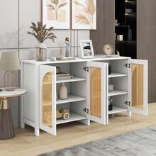 Modern Sideboard In Minimalist Style 4-Rattantür, Metallgriff Einfaches Buffetschrank Für Esszimmer, Wohnzimmer, Küche (Weiß) - White - View 3