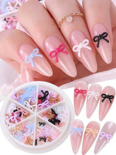 6 rejillas Decoraciones de arte de uñas de lazo de resina mixta al azar, accesorios de arte de uñas de mariposa hueca de cinta rosa linda, suministros de uñas DIY, gemas de uñas, encantos de uñas